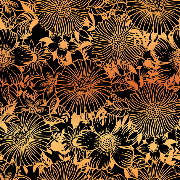 Golden floral seamless vector pattern on black background - Vektori, kuva