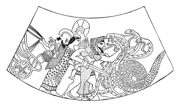 Questo è il ritratto di Eracle e Idra. Hydra è un mostro simile a un serpente nella mitologia greca ed Eracle era conosciuto come il più forte di tutti i mortali, disegno a linee vintage o illustrazione dell'incisione
. - Vettoriali, immagini
