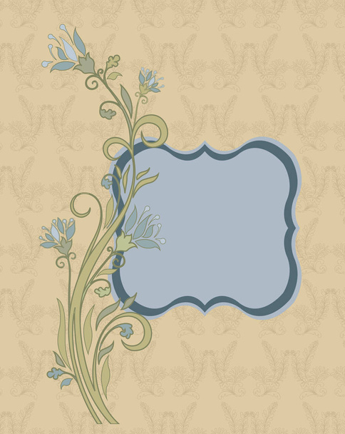 Vintage Einladungskarte mit kunstvollen eleganten Retro-abstrakten floralen Mustern, hellblauen und kadettengrauen Blüten und hellgrünen Blättern auf blassgelbem Hintergrund mit Plaketten-Textetikett. Vektorillustration - Vektor, Bild