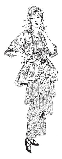 Vestido do início do século XX é projetado por muito tempo com camadas de babados, desenho de linha vintage ou gravura ilustração
. - Vetor, Imagem