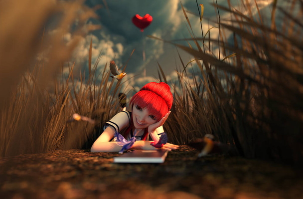 Bird's song,3d illustration of a happy schoolgirl laying alone in grass field surrounded by a birds - Photo, Image