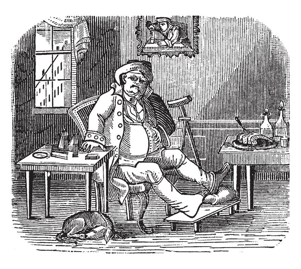 Mies istuu tuolilla ja lihaa pidetään pöydällä, koira istuu lähellä hänen jalka, vintage linja piirustus tai kaiverrus kuva
 - Vektori, kuva