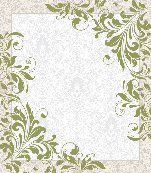 Vintage invitation card with ornate elegant retro abstract floral design, olive green flowers and leaves on faded green and white background with frame border and text label. Vector illustration. - Вектор,изображение