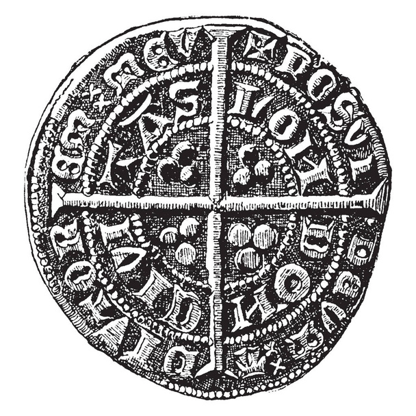 Reverse Side of Groat of Edward III que una moneda de plata inglesa, un dibujo de línea vintage o una ilustración de grabado
. - Vector, Imagen