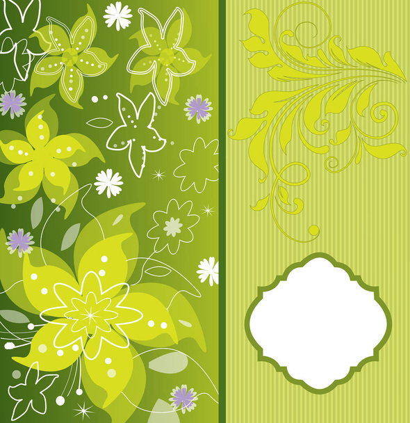 Vintage cartão de convite com ornamentado elegante retro design floral abstrato, pêra flores amarelas e folhas em fundo verde e amarelo com listras. Ilustração vetorial
. - Vetor, Imagem