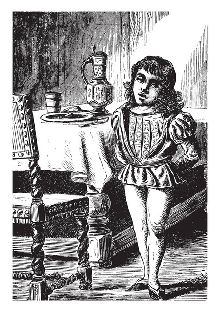 Pikku Tom Tucker, tässä kohtauksessa pieni tyttö seisoo lähellä ruokapöytä, levy, purkki ja lusikka pidetään pöydällä, vintage line piirustus tai kaiverrus kuva
 - Vektori, kuva