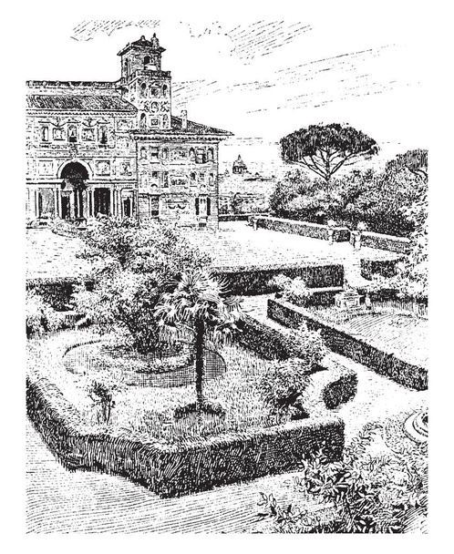 Villa Medici, Terassilta, arkkitehtoninen kompleksi, jossa on puutarha vierekkäin, suuremmat Borghese puutarhat, vintage line piirustus tai kaiverrus kuva
. - Vektori, kuva