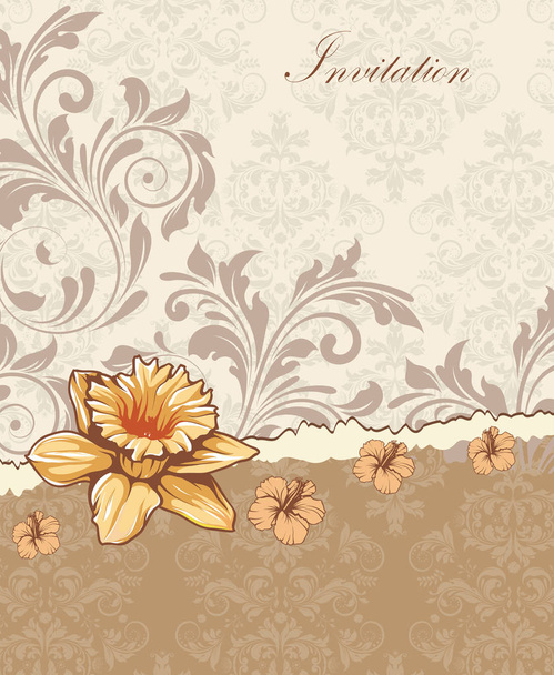 Vintage uitnodigingskaart met sierlijke elegante retro abstract floral design, geel oranje en grijs bloemen en bladeren op bleke geel en licht bruine achtergrond met tekstlabel. Vectorillustratie - Vector, afbeelding