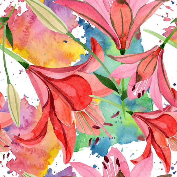 Aquarel rode lelie bloem. Floral botanische bloem. Naadloze achtergrondpatroon. Structuur behang print textuur. Aquarelle wildflower voor achtergrond, textuur, wrapper patroon, frame of rand. - Foto, afbeelding