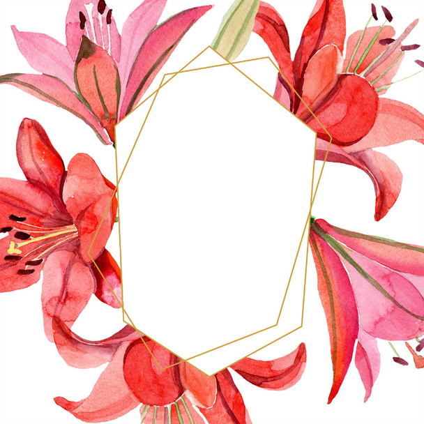 Watercolor red lily flower. Floral botanical flower. Frame border ornament square. Aquarelle wildflower for background, texture, wrapper pattern, frame or border. - Foto, Imagen