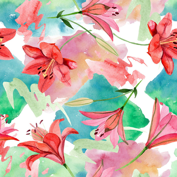 水彩の赤いユリの花。花植物の花。シームレスな背景パターン。壁紙印刷手触りの生地。背景、テクスチャ、ラッパー パターン、フレームや境界線の aquarelle ワイルドフラワー. - 写真・画像