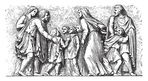Barbarian family imploring Romans, vintage engraved illustration - Vector, Image