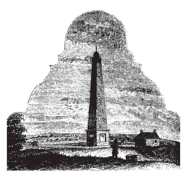 Pomnik w Groton jest dedykowany do obrońców, którzy polegli podczas bitwy Groton Heights, vintage rysowania linii lub Grawerowanie ilustracja. - Wektor, obraz