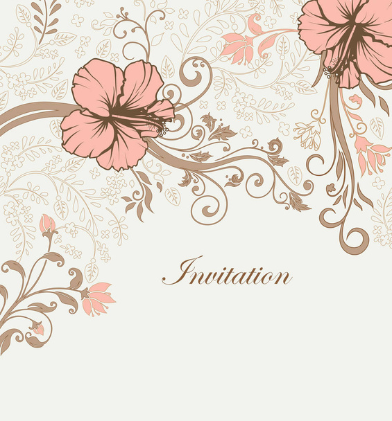 Tarjeta de invitación vintage con un elegante diseño floral retro abstracto adornado, flores y hojas de color melocotón y marrón claro sobre un fondo verde pálido con etiqueta de texto. Ilustración vectorial
 - Vector, Imagen
