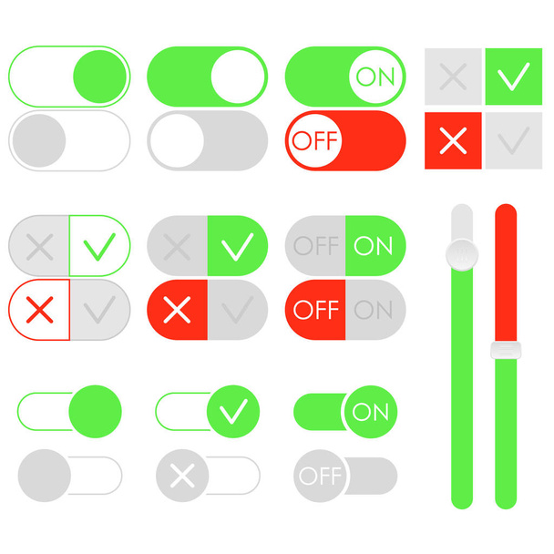 Flat toggle switch set, light theme. On and Off green sliders. Template for app and website. User Interface with vector elements. - Wektor, obraz