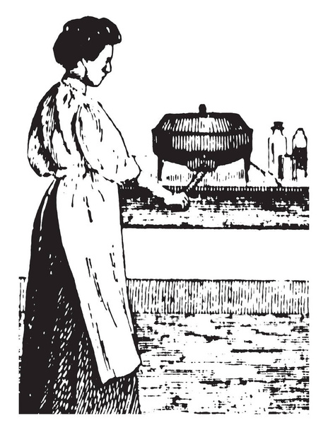 Ezen az ábrán örvénylő tej jelent, ha egy nő örvénylő tej, vintage vonalas rajz vagy metszet illusztráció. - Vektor, kép