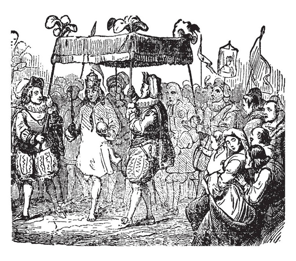 The Emperor's New Clothes, this scene shows the emperor walking and holding something in hand, and four soldiers covering the emperor's head by cloth, other people walking behind him, vintage line drawing or engraving illustration - Vector, Image