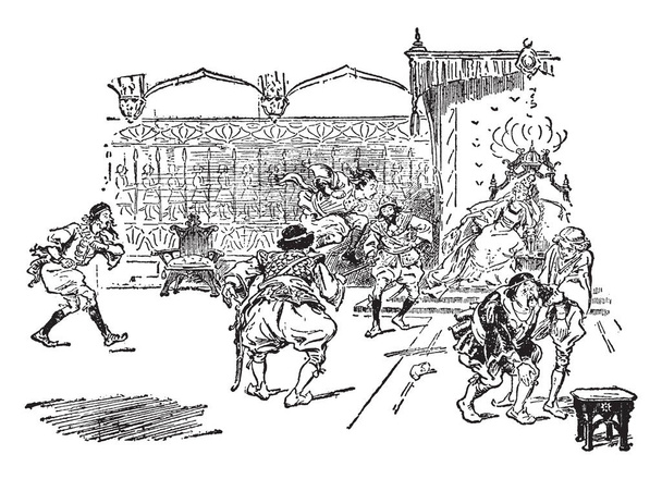 The queen sitting on chair, a man jumping over stick held by two men at end, two men are fighting, vintage line drawing or engraving illustration - Vector, Image