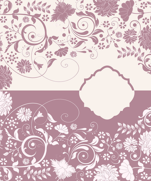 Carte d'invitation vintage avec motif floral rétro élégant et décoré, fleurs rose foncé et blanches et feuilles avec étiquette texte en plaque. Illustration vectorielle
. - Vecteur, image