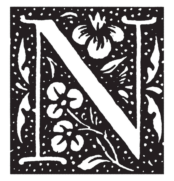Květinové písmeno N, vintage kreslení čar nebo gravírování obrázku - Vektor, obrázek
