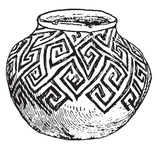 Мексиканські (місті Tusayan) Jar накидав в Американський музей природної історії, вони можуть бути відновлений, vintage штриховий малюнок або ілюстрація гравіювання. - Вектор, зображення