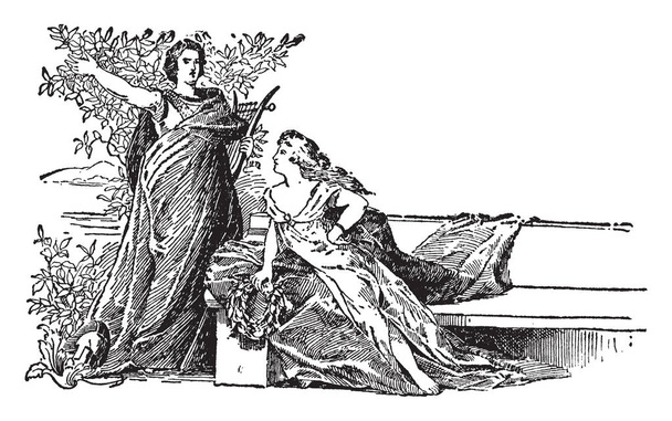 Alcaeus with lady, he was lyric poet from the Greek island of lesbos, vintage line drawing or engraving illustration - Vector, Image