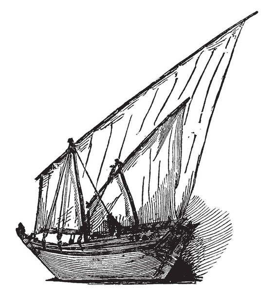 Dhow é um navio árabe geralmente com um mastro e usado para comércio de mercadorias e, por vezes, transporte de escravos, desenho de linha vintage ou gravura ilustração
. - Vetor, Imagem