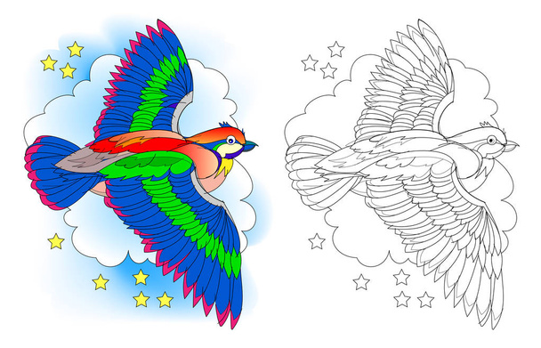Fantasy illustration of fairyland flying bird. Colorful and black and white pattern for coloring. Worksheet for children and adults. Vector cartoon image. - Vektori, kuva