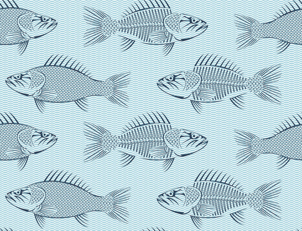 Fondo sin costura vectorial con bocetos dibujados de peces sobre fondo azul con olas. Ilustración dibujada a mano en estilo retro. Se puede utilizar para menú de mariscos o mercado de pescado
 - Vector, Imagen