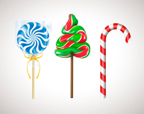 Doces de Natal Lollipop, Fir-Tree e Candy Cane isolado no fundo branco. Ilustração vetorial realista
. - Vetor, Imagem