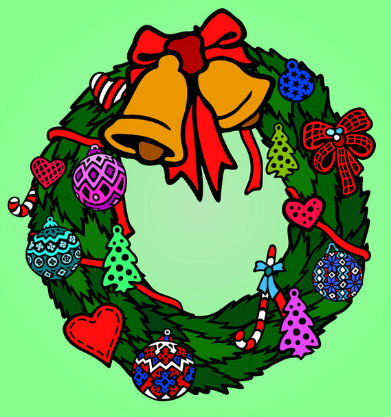 鐘とクリスマスのおもちゃ緑の花輪 - ベクター画像