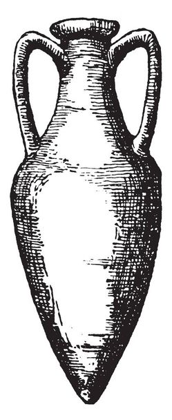 Amfora is een pot met twee handvaten, een smalle hals, over het algemeen een sharp-puntige base voor plaatsing in de grond, vintage lijntekening of gravure illustratie. - Vector, afbeelding