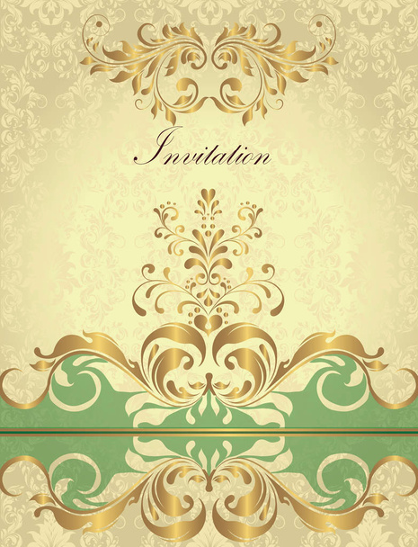 Vintage invitation card with ornate elegant retro abstract floral design, shiny gold flowers and leaves on shiny yellow and green background with text label. Vector illustration - Vektör, Görsel
