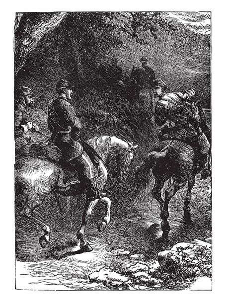 Люди на лошадях, где солдаты верхом на лошадях, рисование винтажной линии или гравировка иллюстрации
. - Вектор,изображение