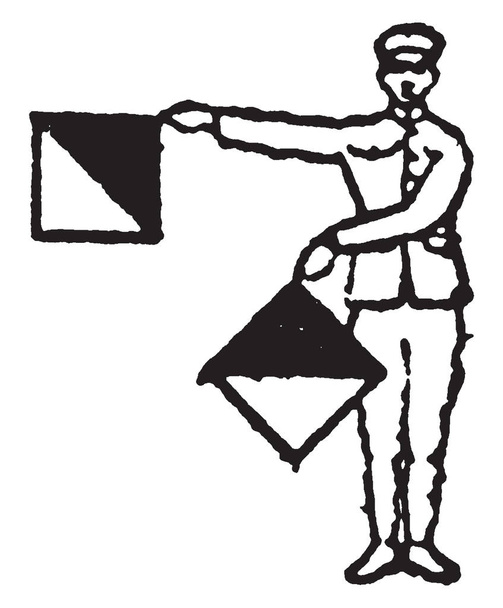 Señal de bandera, señal de bandera para la letra H, o el numeber 8, un hombre que sostiene dos banderas, la mano derecha está en 90 grados, bandera de la mano izquierda ligeramente fuera del cuerpo, dibujo de línea vintage o ilustración de grabado
 - Vector, imagen
