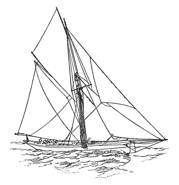 カッター ヨット、通常小さいながらもいくつかのケースで中型の容量、ビンテージの線描画や彫刻イラストではなく、速度のために設計された船舶. - ベクター画像