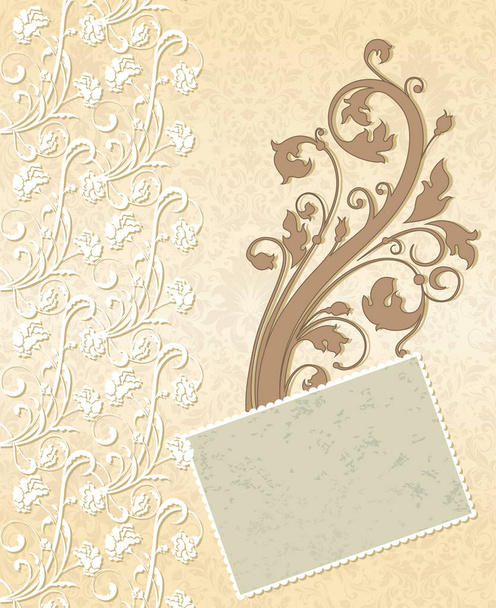 Vintage invitation card with ornate elegant retro abstract floral design, white and light brown flowers and leaves on beige background with frame text label. Vector illustration - Vetor, Imagem