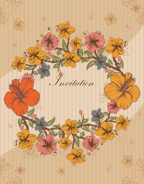 Vintage cartão de convite com ornamentado elegante retro design floral abstrato, flores multi-coloridas e folhas sobre listrado fundo marrom claro com rótulo de texto. Ilustração vetorial
 - Vetor, Imagem