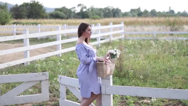 Hermosa mujer embarazada en vestido azul caminando escuchar la granja. Bolso de punto con ramo de flores. Antecedentes de árboles y montañas. Movimiento lento
 - Imágenes, Vídeo