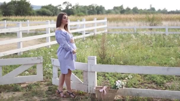 Mooie zwangere vrouw in blauwe jurk lopen hoor de boerderij. Gebreide tas met boeket bloemen. Achtergrond van de boom en de bergen. Slow motion - Video