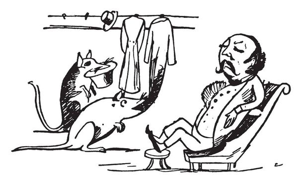 Edward Lear, this scene shows a man sleeping in chair and two rats eating his hat and coats which hang on wall by hooks, vintage line drawing or engraving illustration - Vector, Image