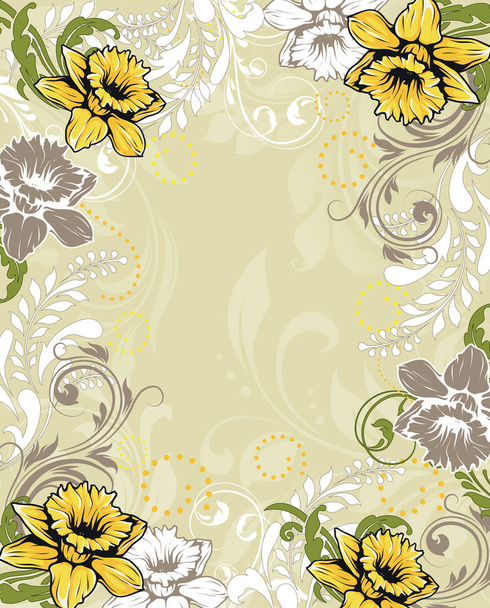 Vintage Einladungskarte mit kunstvollen eleganten Retro-abstrakten floralen Mustern, gelben olivgrünen grauen und weißen Blumen und Blättern auf blassem olivgrünem Hintergrund mit Textetikett. Vektorillustration - Vektor, Bild