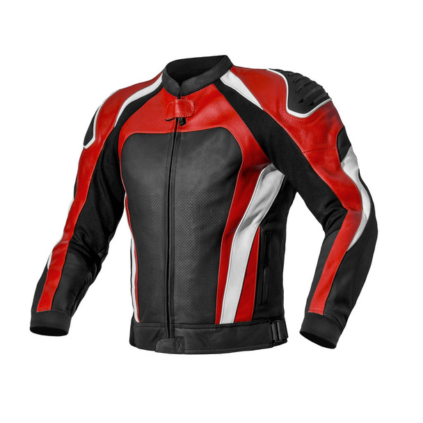 Чоловічі гоночні мотоцикли чорного кольору з шкіряною курткою червоних та білих елементів ізольовані на білому тлі. фотографія Ghost mannequin
 - Фото, зображення