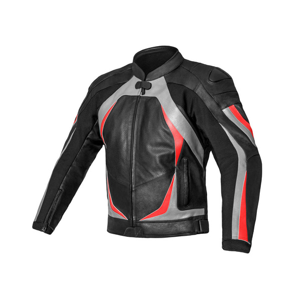 Mens motorbike racing black with red and grey elements leather jacket isolated on white background. Ghost mannequin photography - Photo, Image