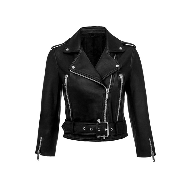 Womens black leather jacket isolated on white background. Ghost mannequin photography - Photo, Image