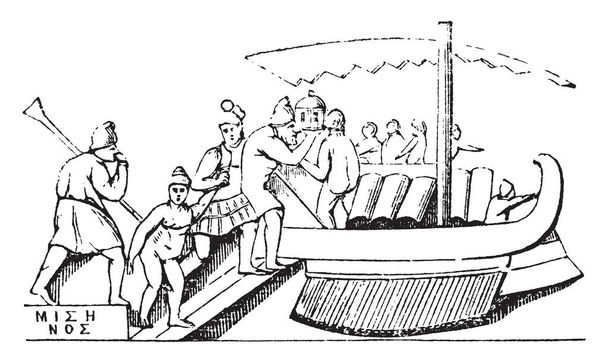 Imagen que muestra a la gente embarcándose en un barco, algunos ya están establecidos y algunos están en camino, trazado de líneas vintage o ilustración de grabado
. - Vector, imagen