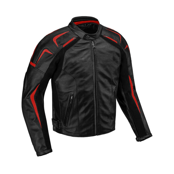 Mens black with red elements leather jacket isolated on white background. Ghost mannequin photography - Photo, Image