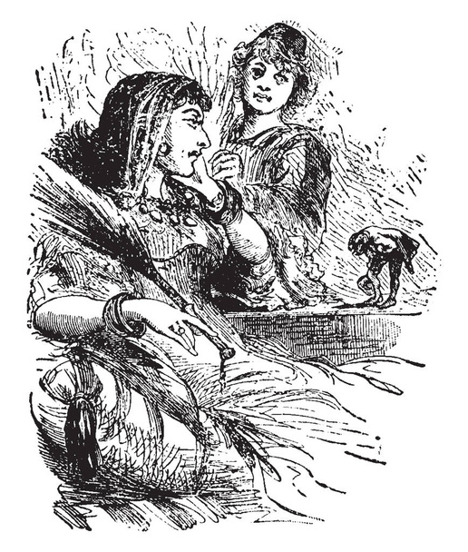 Gulliver met koningin, deze scène toont een beetje een man op tabel en buigen naar reus vrouw die in de buurt van de tabel, een staande persoon in de achtergrond, vintage lijntekening zit of gravure van illustratie - Vector, afbeelding