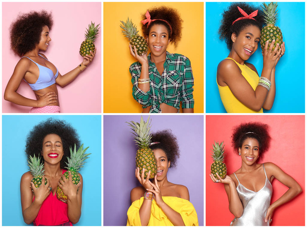 Collage of photos with beautiful African-American woman holding tasty pineapple - Foto, Imagem