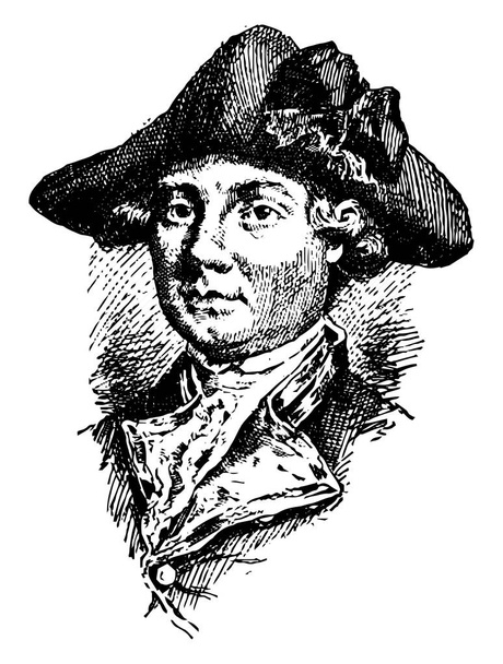 John Burgoyne, 1722-1792, era un generale, ufficiale dell'esercito, politico e drammaturgo britannico, più noto durante la campagna portoghese del 1762, disegno a linee vintage o illustrazione dell'incisione.
 - Vettoriali, immagini